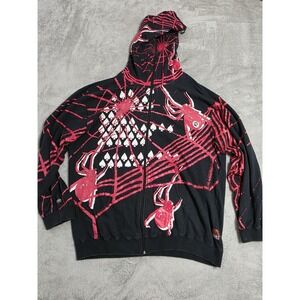 Vintage Y2K Request Hoodie Mens 3XL Black Full Zip Spider Web Graphic Horror